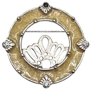 VTG Danecraft Crystal-Accented Brooch Pin Beige Enamel Silver-Tone Design Round
